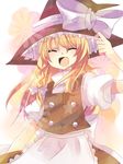  blonde_hair braid closed_eyes hair_ribbon hand_on_headwear happy hat ichi_(bji) kirisame_marisa ribbon solo touhou witch_hat 