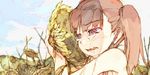  bangs bare_shoulders blush brown_hair cheek_press crying crying_with_eyes_open day eyebrows_visible_through_hair flower hand_up kitano_yuusuke object_hug original outdoors portrait purple_eyes sad side_ponytail sobbing solo streaming_tears sunflower tears withered 