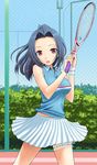  ahoge blue_hair clothes_writing garters highres idolmaster idolmaster_(classic) idolmaster_live_for_you! miura_azusa racket red_eyes skirt solo sportswear sweat takayaki tennis tennis_racket tennis_uniform 