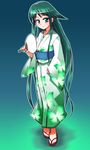  fan green_eyes green_hair green_kimono japanese_clothes kimono long_hair paper_fan sandals saya saya_no_uta solo uchiwa very_long_hair yn1982 yukata 