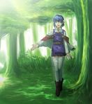  blue_hair cape forest nature pointy_ears red_cape rena_lanford solo star_ocean star_ocean_the_second_story thighhighs 