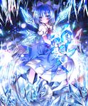  aquamarine arm_ribbon barefoot blue_dress blue_eyes blue_hair blush cirno crystal dress ice leg_ribbon ribbon short_hair solo touhou wings 