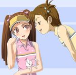  blush brown_eyes brown_hair bunny futami_mami hair_ribbon idolmaster idolmaster_(classic) idolmaster_1 long_hair minase_iori muhi11234 multiple_girls ribbon shirt short_hair side_ponytail sleeveless sleeveless_shirt sportswear stuffed_animal stuffed_bunny stuffed_toy tennis_uniform twintails visor_cap 