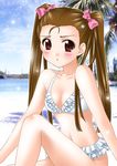  beach bikini blush day frilled_bikini frills idolmaster idolmaster_(classic) idolmaster_live_for_you! itsuki_sayaka long_hair midriff minase_iori ribbon solo swimsuit twintails 