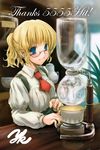  bar blonde_hair blue_eyes blush breasts fire flame glass glasses indoors large_breasts long_sleeves looking_at_viewer machinery necktie original plant ponytail potted_plant red_neckwear semi-rimless_eyewear solo suspenders under-rim_eyewear underbust yamakou 