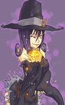  bad_id bad_pixiv_id blair detached_sleeves glowing hat mado_(mukade_tou) one_eye_closed pumpkin purple_hair solo soul_eater witch_hat yellow_eyes 