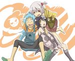  black_hair black_star blue_hair death_the_kid fang genderswap genderswap_(mtf) gloves lowres multiple_girls pillow pillow_hug ponytail red_eyes shuri_(84k) side_ponytail skirt smile soul_eater soul_eater_(character) white_hair 