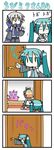  4koma =_= aqua_hair chibi chibi_miku comic door gloom_(expression) hatsune_miku kagamine_rin kneeling long_hair minami_(colorful_palette) multiple_girls pillow silent_comic the_thing_not_quite_sure_what_it_is twintails vocaloid voyakiloid waving yowane_haku |_| 