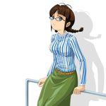  akizuki_ritsuko antenna_hair belt braid breasts brown_eyes brown_hair glasses idolmaster idolmaster_(classic) idolmaster_1 looking_up medium_breasts muhi11234 shadow shirt sitting_on_railing skirt solo striped striped_shirt twin_braids vertical-striped_shirt vertical_stripes 