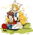  :&gt; animal_ears blonde_hair blush brown_hair cat_ears cat_tail chen closed_eyes comb fox_tail hat hat_removed headwear_removed long_sleeves mashuu_masaki mirror multiple_girls multiple_tails on_lap pillow_hat short_hair sitting size_difference smile socks tail tassel touhou wariza white_background wide_sleeves yakumo_ran 