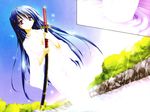  blue_hair breasts japanese_clothes kimono long_hair matra_milan medium_breasts noihara_himari official_art omamori_himari purple_eyes solo sword water weapon 