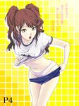  bow bow_panties brown_eyes earrings gym_uniform jewelry kokuu_(mass) kujikawa_rise lipstick makeup panties persona persona_4 solo translation_request twintails underwear undressing white_panties 