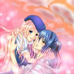  1girl blonde_hair blue_eyes blue_hair couple earrings hetero hug jewelry long_hair macross macross_frontier saotome_alto sheryl_nome tears 