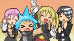  1other 2boys androgynous artist_request black_hair black_star blonde_hair crona_(soul_eater) death_the_kid gloves hat lucky_star maka_albarn motteke!_serafuku multiple_boys necktie parody soul_eater thumbs_up twintails 