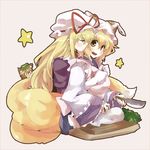  apron blonde_hair chen closed_eyes fox_tail hat hug hug_from_behind kiji_(manekinuko-tei) knife light_smile long_sleeves multiple_girls multiple_tails pillow_hat ribbon short_hair sweatdrop tail tassel touhou wide_sleeves yakumo_ran yakumo_yukari yellow_eyes yuri 