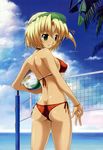  absurdres ass back beach beach_volleyball bikini bikini_tan blonde_hair bracelet breasts butt_crack cloud covered_nipples day from_behind green_eyes grin highres jewelry large_breasts looking_back lowleg maple_colors maple_colors_2 mutsuki_koume ocean outdoors palm_tree shiny shiny_skin short_hair side-tie_bikini side_ponytail sky smile solo sweat swimsuit tan tanline toma_(asagayatei) tree underboob volleyball volleyball_net water wet 