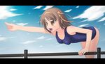  amamiya_minato bent_over cloud day one-piece_swimsuit pointing school_swimsuit sky solo suzumiya_haruhi suzumiya_haruhi_no_yuuutsu swimsuit 
