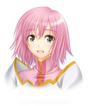  :d bangs big_wednesday blush estellise_sidos_heurassein eyebrows_visible_through_hair green_eyes lips looking_at_viewer open_mouth pink_hair portrait shiny shiny_hair short_hair simple_background smile solo tales_of_(series) tales_of_vesperia tareme upper_body white_background 