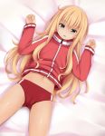  1girl bangs bed_sheet blonde_hair blue_eyes blush buruma cameltoe commentary_request dutch_angle eyebrows_visible_through_hair gabriel_dropout hair_between_eyes hands_up highres jacket long_hair long_sleeves lying navel nonaka_ritsu on_back parted_lips red_buruma red_jacket sleeves_past_wrists solo tears tenma_gabriel_white track_jacket very_long_hair 