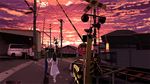  1girl bad_id bad_pixiv_id black_hair building cloud cloudy_sky couple dress ground_vehicle hetero holding_hands house kurono_kuro long_hair motor_vehicle original overhead_line pants pink pole power_lines railroad_crossing railroad_tracks real_world_location road scenery shoes short_hair sky street sunset van vanishing_point white_dress 