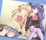  bad_id bad_pixiv_id blonde_hair blue_eyes bow closed_eyes hair_ribbon kamikita_komari little_busters! long_hair multiple_girls pink_bow purple_hair ribbon sasasegawa_sasami satou_aoi school_uniform short_hair sleeping thighhighs twintails 