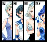  amazons_quartet back_bow bare_shoulders beruche_(sailor_moon) bishoujo_senshi_sailor_moon black_moon_clan blue_choker blue_eyes blue_hair blue_leotard blue_sailor_collar blue_skirt border bow braid breast_rest breasts choker color_connection column_lineup crossed_arms crystal_earrings earrings expressionless gloves hair_bun jewelry kitashiba leotard magical_girl medium_breasts mizuno_ami multiple_girls pallapalla_(sailor_moon) ribbon sailor_collar sailor_mercury sailor_senshi_uniform short_hair skirt smile tiara v viluy_(sailor_moon) white_background white_hair witches_5 