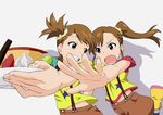  bad_id bad_pixiv_id brown_eyes brown_hair dessert food foreshortening futami_ami futami_mami grin hands highres idolmaster idolmaster_(classic) kiyukiyutan multiple_girls open_mouth plate scrunchie short_ponytail siblings side_ponytail sisters smile suspenders twins 