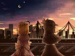  akihiyo blonde_hair bow bridge brown_hair crescent_moon dress from_behind hat hat_bow magical_astronomy maribel_hearn moon multiple_girls smile star_(sky) touhou usami_renko 