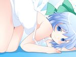  all_fours bad_id bad_pixiv_id bare_shoulders blue_eyes blue_hair blush bow cirno dress hair_bow hammer_(sunset_beach) looking_at_viewer naughty_face short_hair smile solo strap_slip top-down_bottom-up touhou 