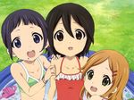  bikini black_hair blue_eyes blue_hair brown_eyes brown_hair green_eyes inaba_himeko kiriyama_yui kokoro_connect nagase_iori short_hair swimsuit water 