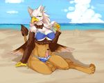  avian beach bikini blue breasts censored claws cleavage clothed clothing dickgirl gryphon ice_cream intersex looking_at_viewer midriff open_mouth outside penis public sand sand_castle sculpture sea seaside shioinu sitting skimpy sky solo sweat swimsuit tongue water wings 