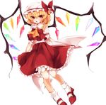  ascot asprach blonde_hair blush bow flandre_scarlet hat hat_bow highres long_hair open_mouth red_eyes side_ponytail simple_background skirt skirt_set solo touhou white_background wings 