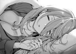  1girl bangs breasts cleavage collarbone eyebrows_visible_through_hair eyes_closed facing_viewer go-toubun_no_hanayome greyscale hair_between_eyes hand_up long_hair long_sleeves lying monochrome mushi024 nakano_miku on_side open_mouth pillow shirt sleeping solo under_covers 