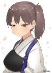  1girl brown_eyes brown_hair cherry_blossoms expressionless highres japanese_clothes kaga_(kantai_collection) kantai_collection long_hair looking_at_viewer masukuza_j muneate petals side_ponytail simple_background solo tasuki twitter_username upper_body white_background 