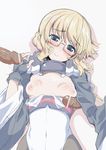  1girl adele_balfetto armpit_sex black_legwear blonde_hair blue_eyes bodysuit breasts female glasses hand_job handjob kyoukai_senjou_no_horizon kyoukaisenjou_no_horizon neyonsan nipples penis small_breasts smile solo 