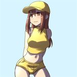  aaaa arms_behind_back blue_background blush breasts brown_eyes brown_hair hat long_hair medium_breasts original simple_background sleeveless solo 