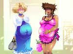  2girls ajiyoshi_noriko bare_legs blonde_hair blush bracelet breasts character_request cleavage earrings female free_style ganguro glasses groceries jewelry large_breasts lipstick makeup milf mister_ajikko multiple_girls nail_polish nipples pregnant purple_nails short_shorts shorts smile tan_skin 