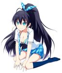  black_hair blue_eyes bra breasts cleavage earrings fang ganaha_hibiki highres hoop_earrings idolmaster idolmaster_(classic) jewelry long_hair medium_breasts necktie plaid plaid_skirt ponytail rough_time_school sagamihara_sakyou school_uniform sitting skirt smile solo underwear undressing very_long_hair wariza 