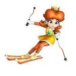  1girl absurdres blue_eyes boots brown_hair dress flower gloves highres jewelry mario_&amp;_sonic_at_the_olympic_games mario_&amp;_sonic_at_the_olympic_winter_games mario_and_sonic_at_the_olympic_games mario_and_sonic_at_the_olympic_winter_games official_art orange_hair princess_daisy short_hair skiing smile sport sports super_mario_bros. super_mario_land 