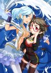  blue_eyes blue_hair brown_hair cape demon_girl demon_tail elf glasses horns inuinui looking_at_viewer multiple_girls original pantyhose pointy_ears red_eyes short_hair smile succubus tail thighhighs 