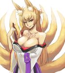  animal_ear_fluff animal_ears bangs bare_shoulders blonde_hair breast_hold breasts cleavage closed_mouth commentary diglett_(artist) english_commentary eyebrows_visible_through_hair eyeliner fan folding_fan fox_ears fox_tail green_eyes hair_ornament hikimayu holding holding_fan japanese_clothes kimono kitsune kyuubi large_breasts long_hair long_sleeves looking_at_viewer makeup mon-musu_quest! multiple_tails off_shoulder older one_side_up simple_background sketch smile smirk solo spoilers standing tail tamamo_(mon-musu_quest!) tassel tattoo torotoro_resistance white_background wide_sleeves 