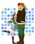  1girl age_difference alex_(street_fighter) bad_id bad_pixiv_id blonde_hair bomber_jacket boots brown_hair facial_tattoo frogcage hair_ornament hairclip headband height_difference hug jacket leg_lift long_hair overalls patricia_(street_fighter) ponytail raincoat smile street_fighter street_fighter_iii_(series) tattoo 