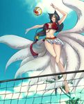  adapted_costume ahri animal_ears ball bell black_hair cloud day fox_ears fox_tail highres korean_clothes league_of_legends long_hair monzuki multiple_tails tail tree volleyball 