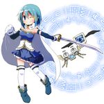  belt blue_eyes blue_hair blush cape daniyyel+jennifer gloves h.n.elly_(kirsten) hair_ornament hairclip highres magical_girl mahou_shoujo_madoka_magica mahou_shoujo_madoka_magica_movie miki_sayaka one_eye_closed short_hair skirt sword thighhighs weapon white_gloves white_legwear witch_(madoka_magica) yuuhi_alpha 