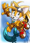  blonde_hair blue_eyes canine cub emerald-physics eyewear fox goggles hair male mammal miles_prower multiple_tails scarf sega smile solo sonic_(series) young 