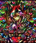  1girl abstract animal_ears apple basket flower food fruit gradient_hair heart hood multicolored_hair ninomae original solo 