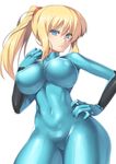  blonde_hair blue_eyes bodysuit breasts covered_nipples hand_on_hip large_breasts long_hair metroid nagase_haruhito ponytail samus_aran simple_background skin_tight solo white_background wide_hips zero_suit 