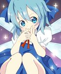  bad_id bad_pixiv_id blue_eyes blue_hair bow cirno dress hair_bow miyata_(lhr) short_hair smile solo touhou wings 