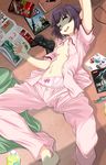  bottle bow bow_panties closed_eyes controller game_console game_controller ghost_trick hetare_(hetare013) lying magazine navel no_bra on_back open_clothes open_shirt ore_no_imouto_ga_konna_ni_kawaii_wake_ga_nai pajamas panties pillow pink_panties playstation_3 purple_eyes sakurai_akimi shirt short_hair sissel underwear video_game zone_of_the_enders 