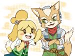  2018 animal_crossing anthro black_nose blush brown_fur canine clothing crossover dipstick_tail dog duo female fingerless_gloves floppy_ears fox fox_mccloud fur gloves green_eyes isabelle_(animal_crossing) jacket male mammal migo_roco multicolored_tail nintendo open_mouth shih_tzu star_fox video_games white_fur yellow_fur 